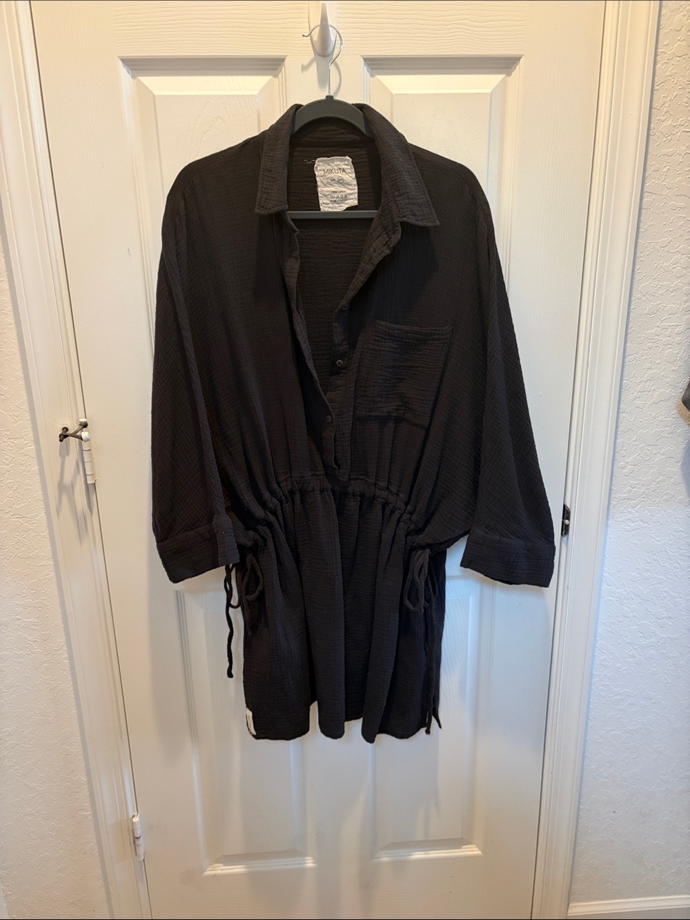 Waffle Knit Drawstring Shirt Dress - Black